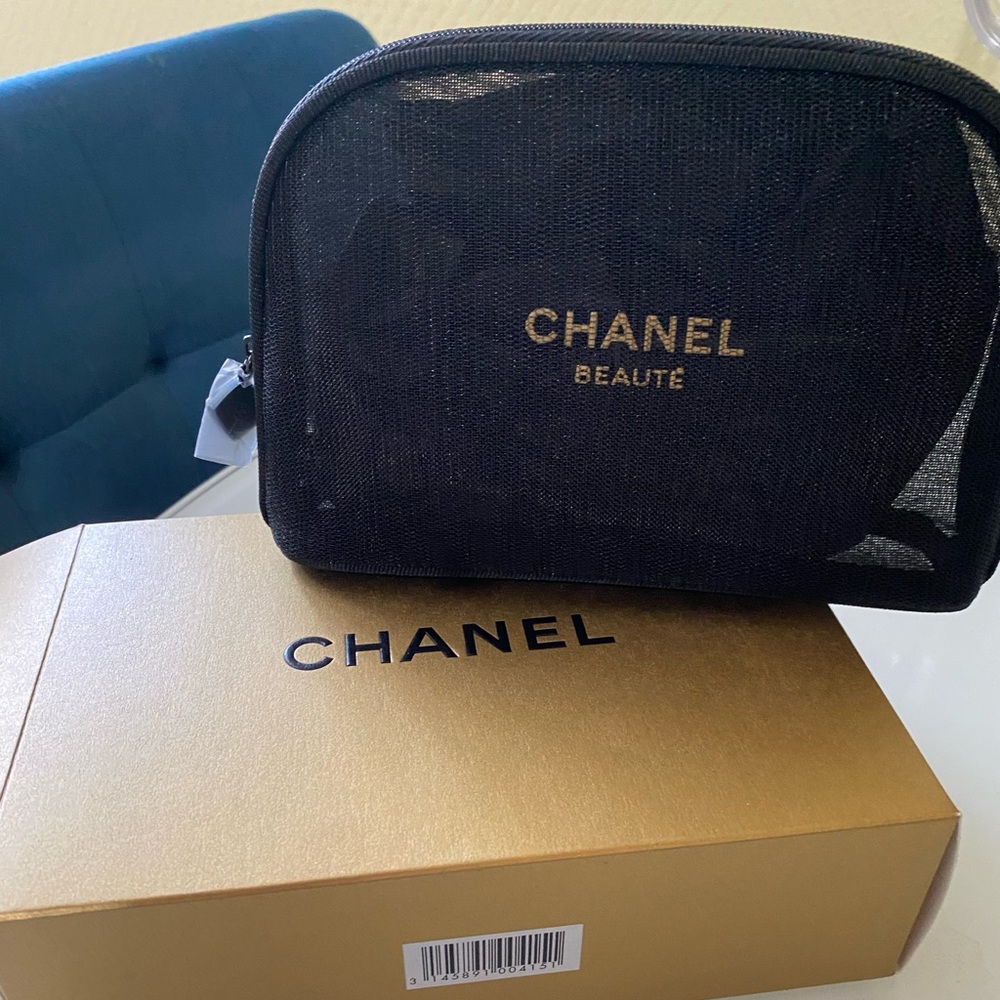 Chanel black mesh cosmetic bag